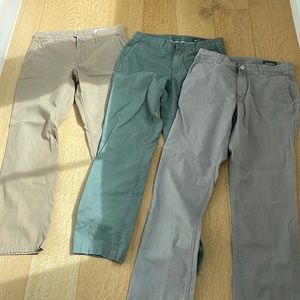 3 pairs Bonobos slim khakis size 30/30 in light gray, khaki and green